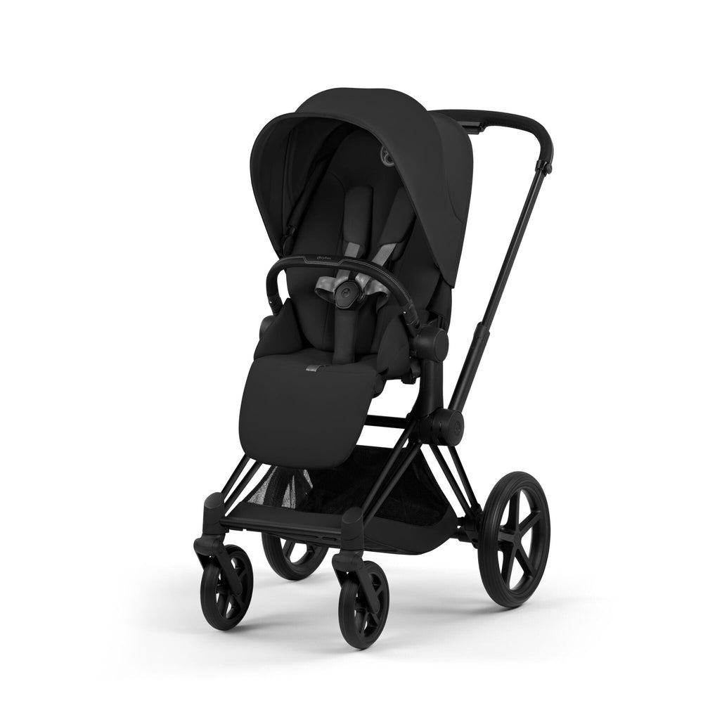Cybex Platinum Priam 5 stroller with Matte Black frame and Sepia Black Lux Seat, front three-quarter studio view