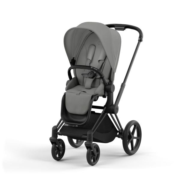 Studio product image of the Cybex Platinum Priam 4 Luxury Stroller in gray with black frame, front three-quarter view on white background.