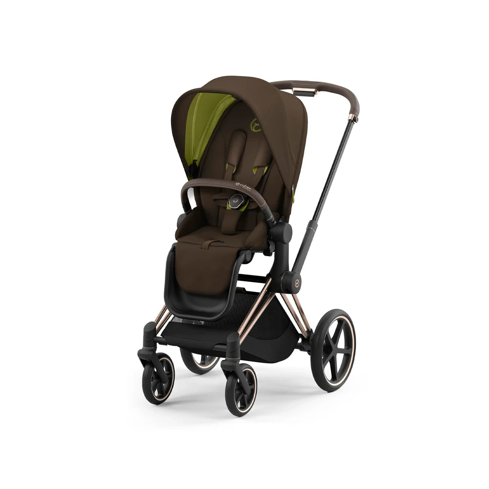 Studio product image of the Cybex Platinum Priam 4 Luxury Stroller in brown and olive green with champagne frame, front three-quarter view on white background.