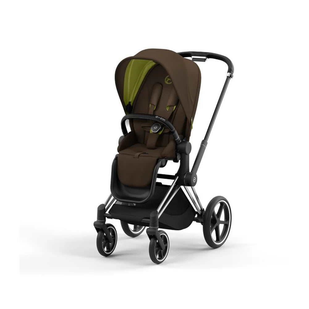 Studio product image of the Cybex Platinum Priam 4 Luxury Stroller in brown and olive green with silver and black frame, front three-quarter view on white background.