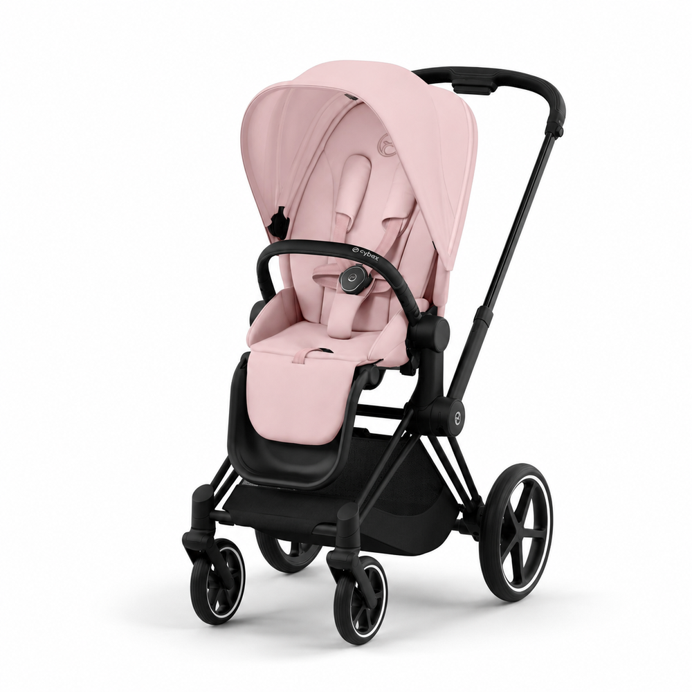 Studio product image of the Cybex Platinum Priam 4 Luxury Stroller in blush pink with black frame, front three-quarter view on white background.