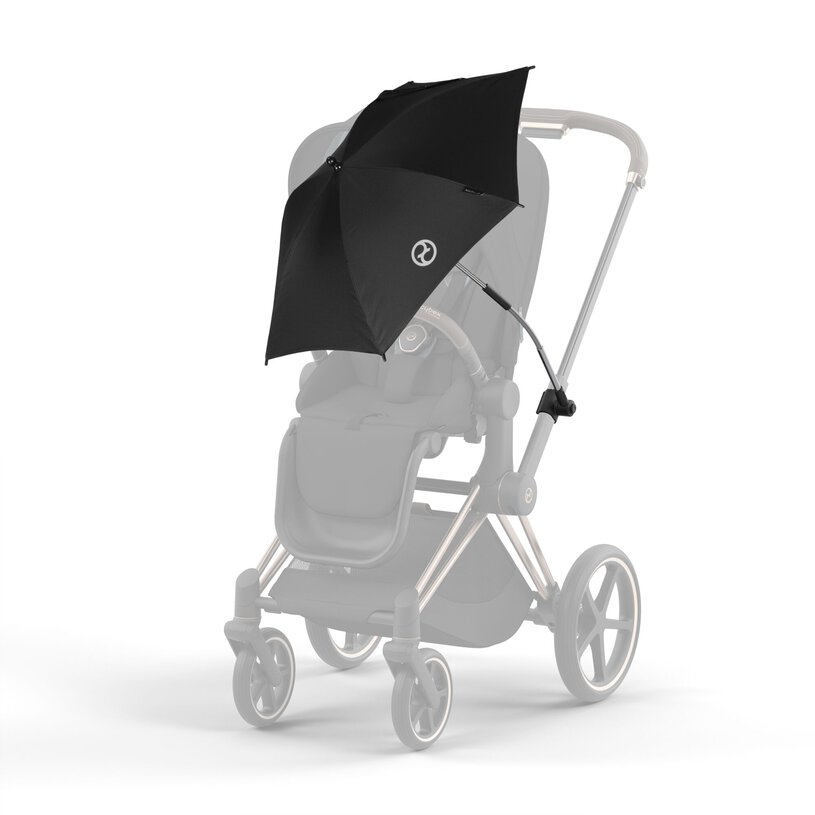 Studio product image of the Cybex Stroller Parasol in black attached to a stroller with silver mounting arm.