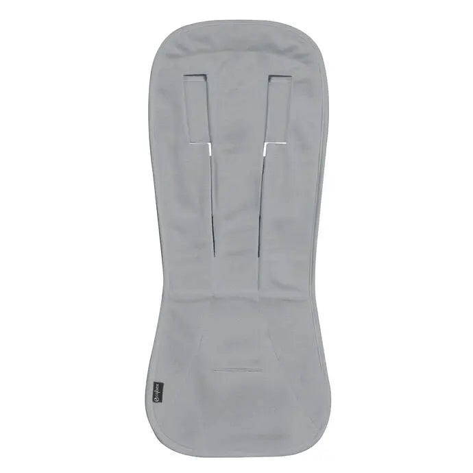 Close-up of the Cybex Summer Seat Liner in gray fabric laid flat with harness cutouts, stroller accessory.