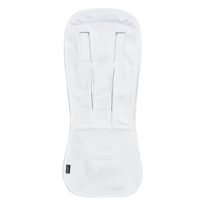 Close-up of the Cybex Summer Seat Liner in white fabric, with harness strap openings shown ready to install in a stroller.