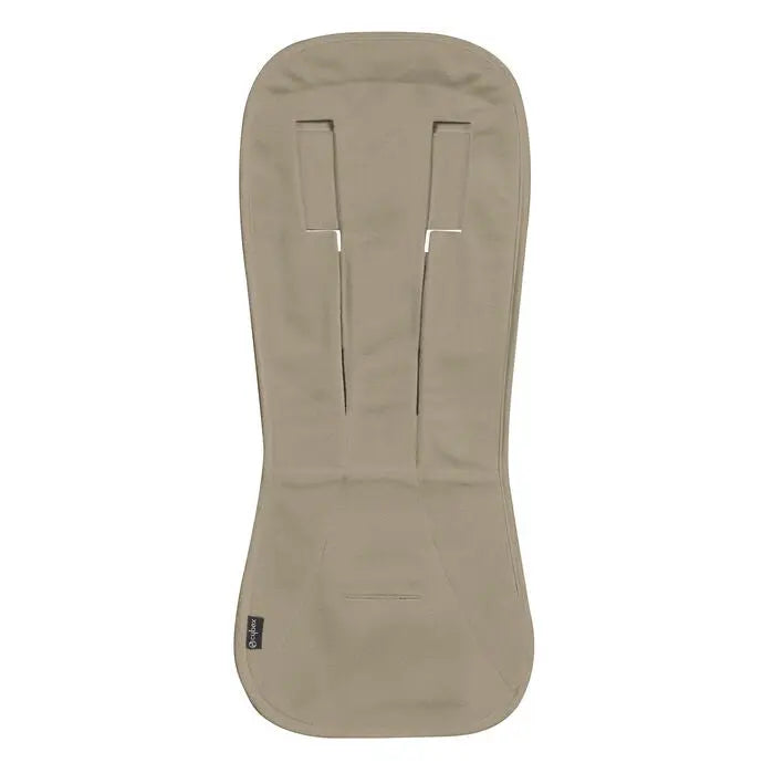 Close-up of the Cybex Summer Seat Liner beige stroller insert with dual strap slots shown laid flat.