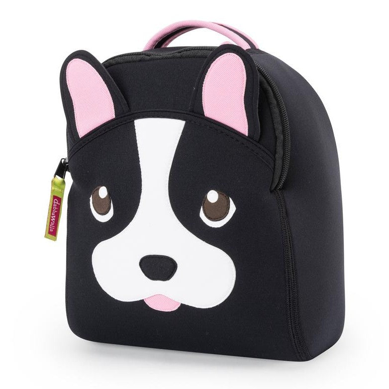 Dabbawalla Harness Backpack French Bulldog, black with pink ears and pink top handle