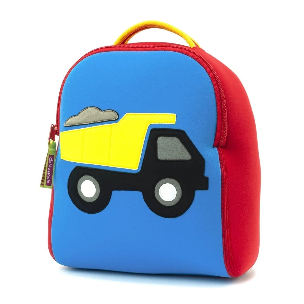 Dabbawalla Harness Backpack in blue front with red sides and yellow handle, featuring a dump truck applique.