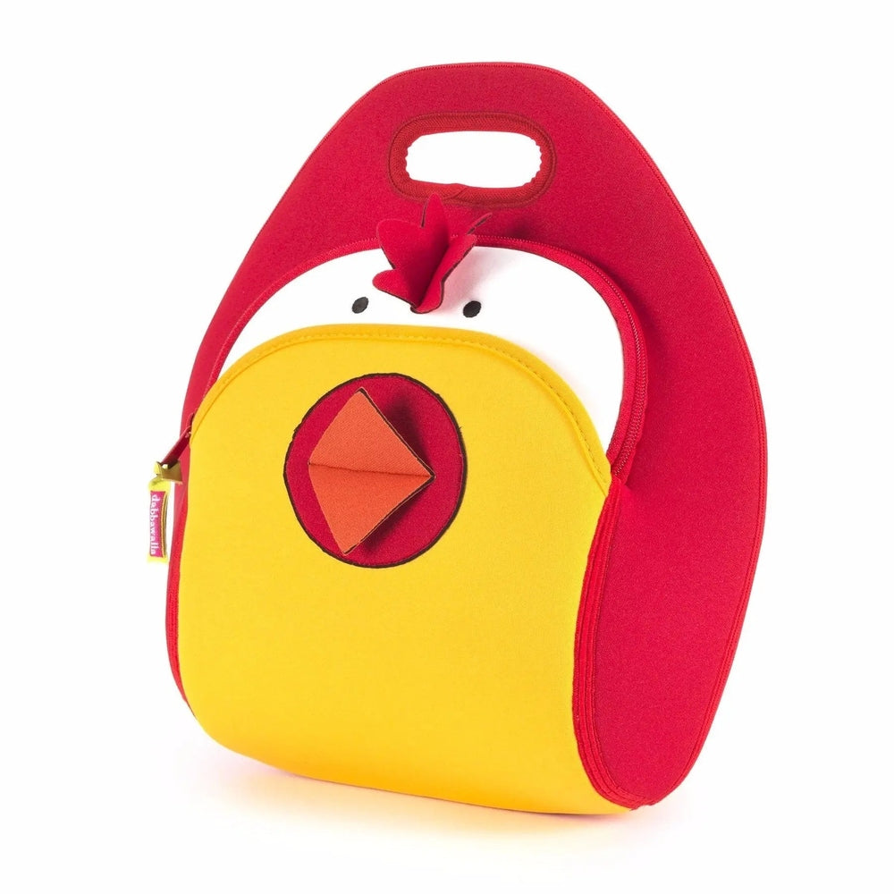 Dabbawalla Lunch Bag in yellow with red sides, top handle for easy carrying, featuring a playful chicken face.