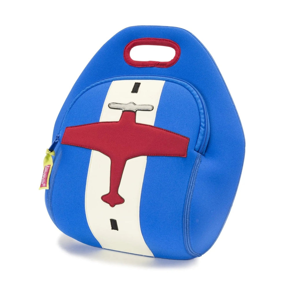 Dabbawalla Lunch Bag in blue with white stripe and red applique, zip closure, carried by top handle.