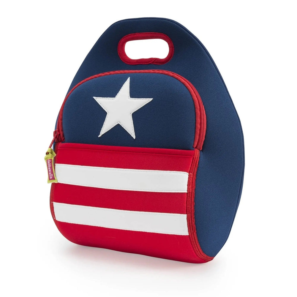 Dabbawalla Lunch Bag navy blue with white star and red-striped front pocket secured by a red zipper