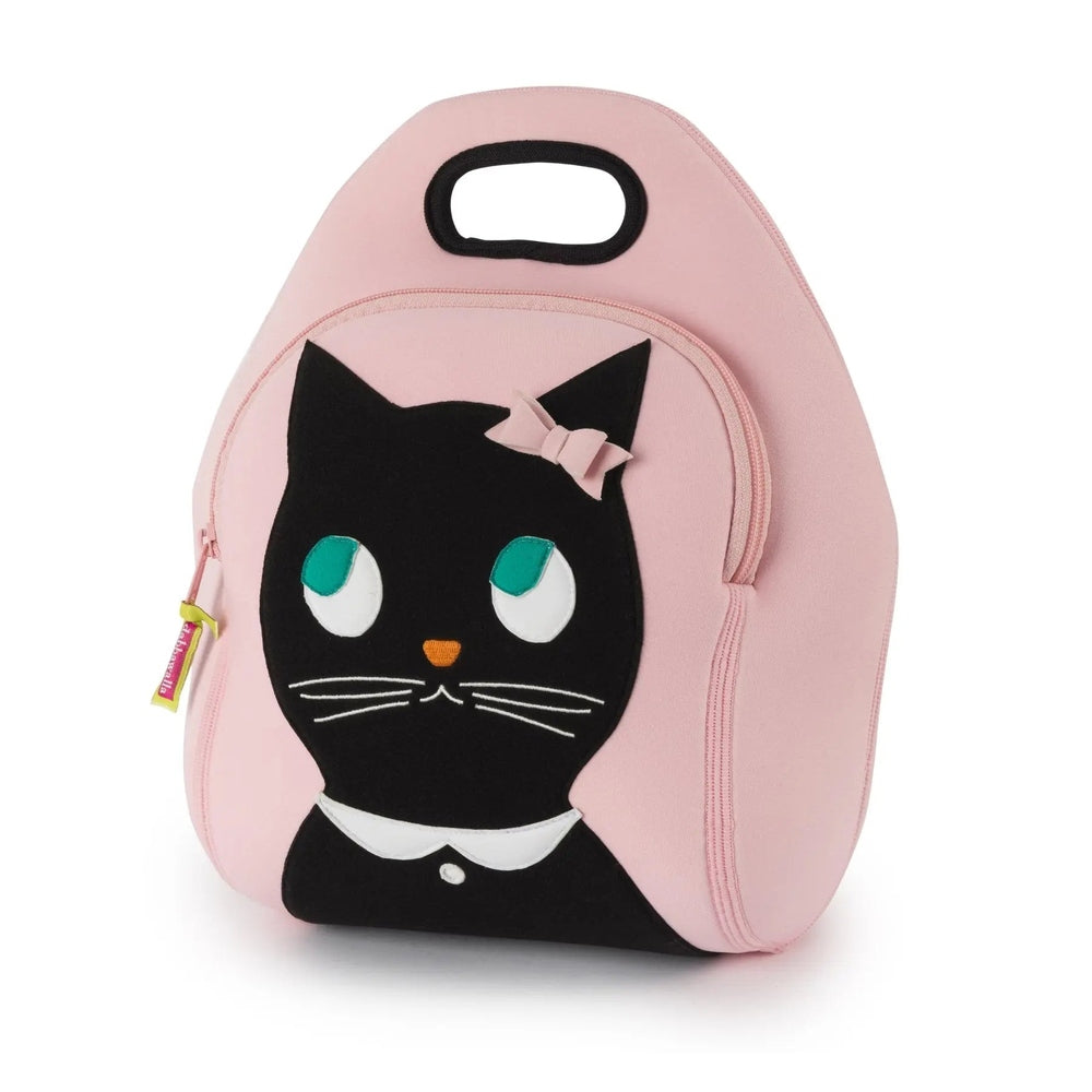 Dabbawalla Lunch Bag in pink with a black cat applique and bow, front zipper pocket visible and top carry handle.