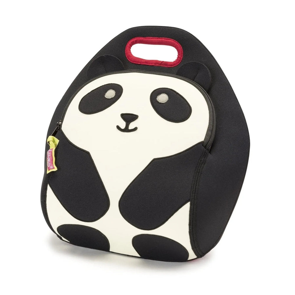 Dabbawalla Panda Lunch Bag, black-and-cream insulated tote with a red top handle and zipper.