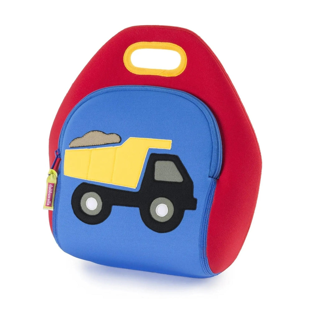 Dabbawalla Lunch Bag, red with a blue front pocket and yellow dump truck applique; has a yellow carry handle.