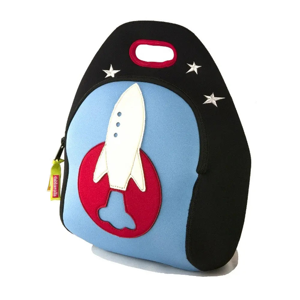 Dabbawalla Lunch Bag in black sides with blue rocket graphic, red circle, and yellow zipper pull.