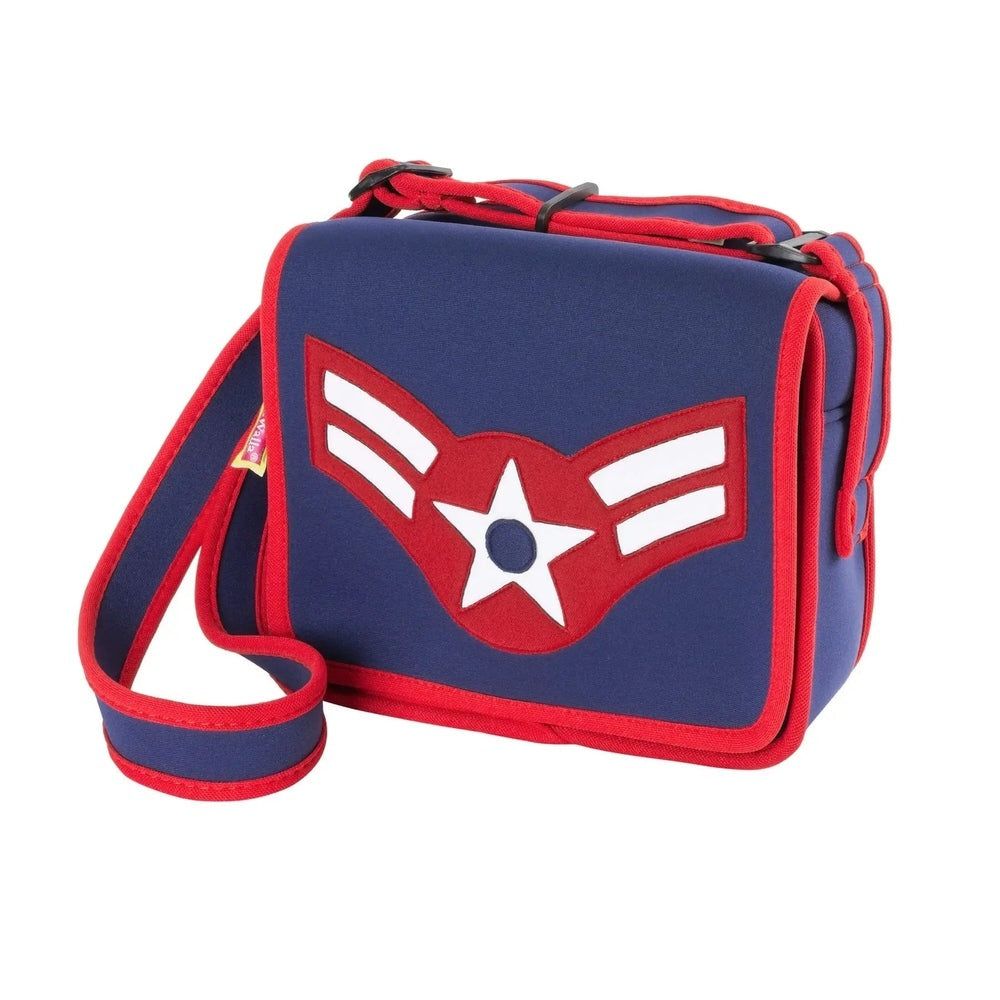 Dabbawalla Machine Washable Messenger Bag in blue with red trim, crossbody strap draped over side.