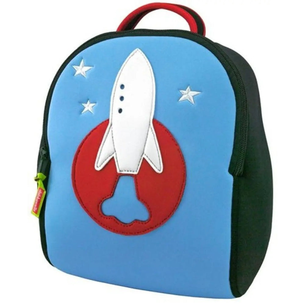 Dabbawalla Toddler Backpack blue front with a white rocket lifting off from a red launch pad, kid-size bag