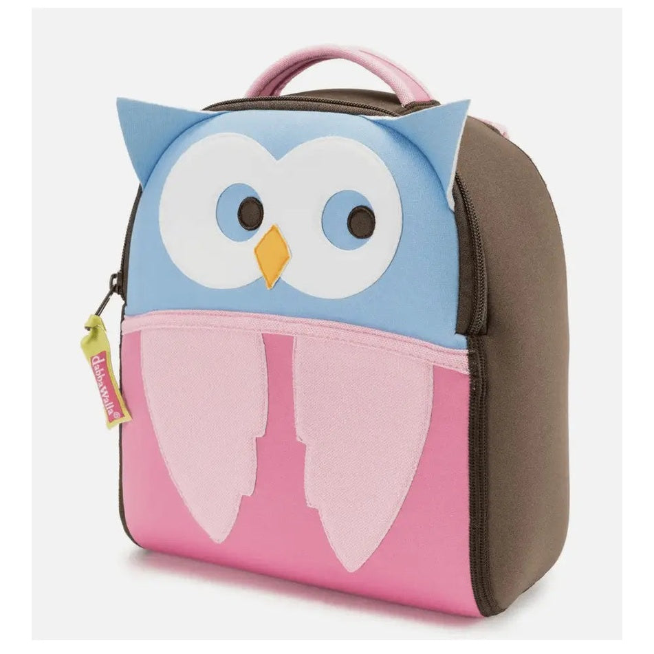 Dabbawalla Toddler Backpack, blue owl face with pink front panel and brown sides, top pink handle