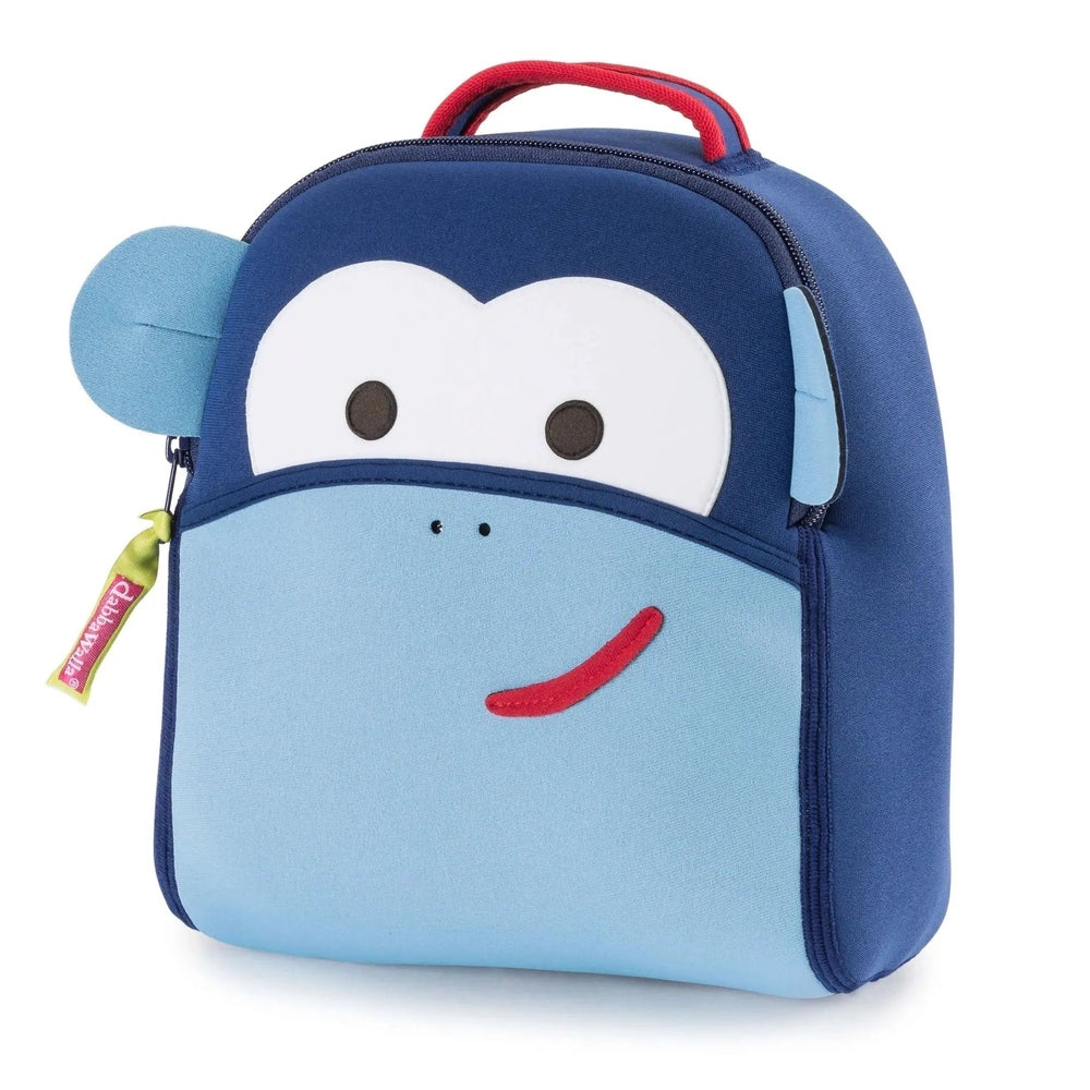 Dabbawalla Toddler Backpack blue monkey-face design with red smile, top red handle, and light-blue front pocket.