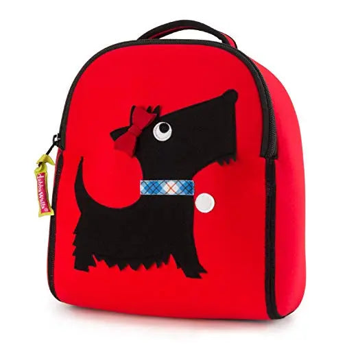 Dabbawalla Toddler Backpack in red, black dog silhouette, blue plaid collar, yellow zipper pull, standing upright.