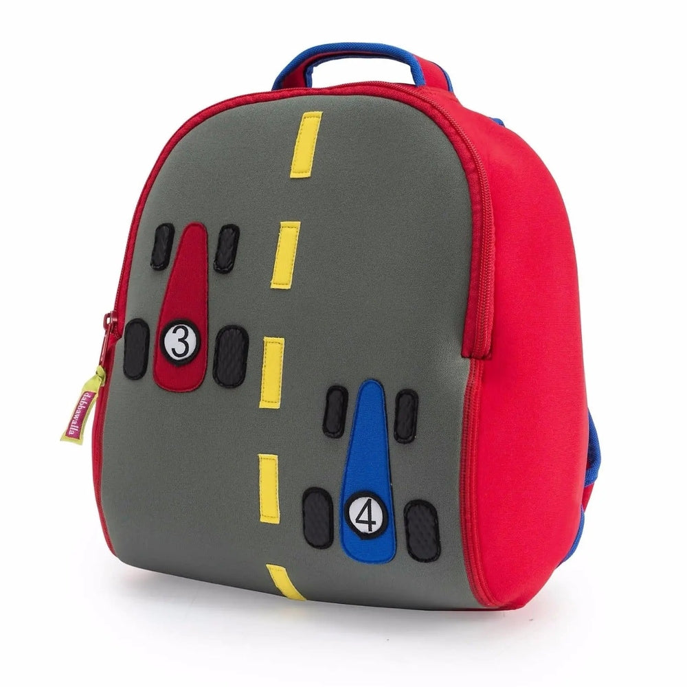 Dabbawalla Toddler Backpack grey front with red sides and blue handle, road-pattern panel showing yellow lane lines and numbers 3 and 4.