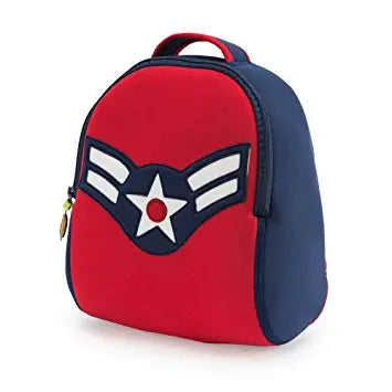 Dabbawalla Toddler Backpack in red with navy sides and star emblem, shown upright with zipper pull.