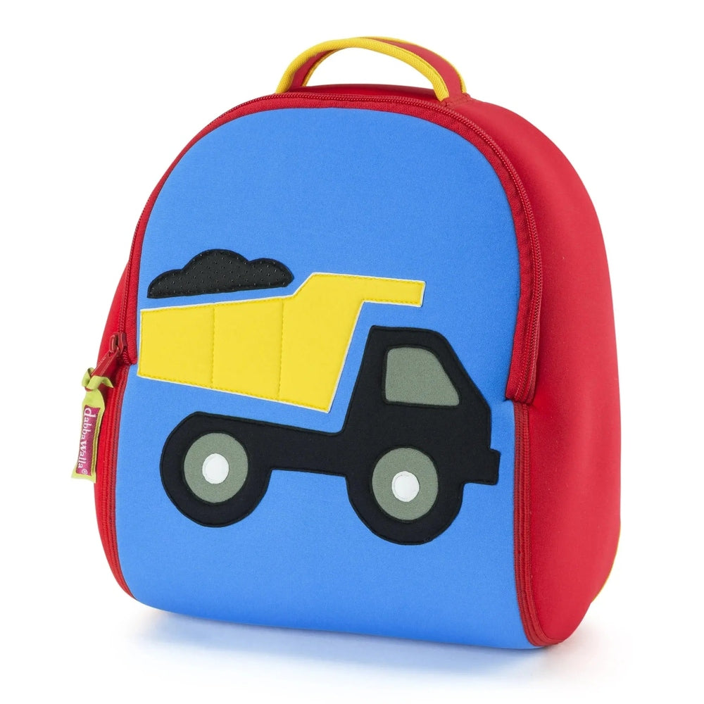 Dabbawalla Toddler Backpack with blue front panel, red sides, yellow handle, featuring a truck applique.