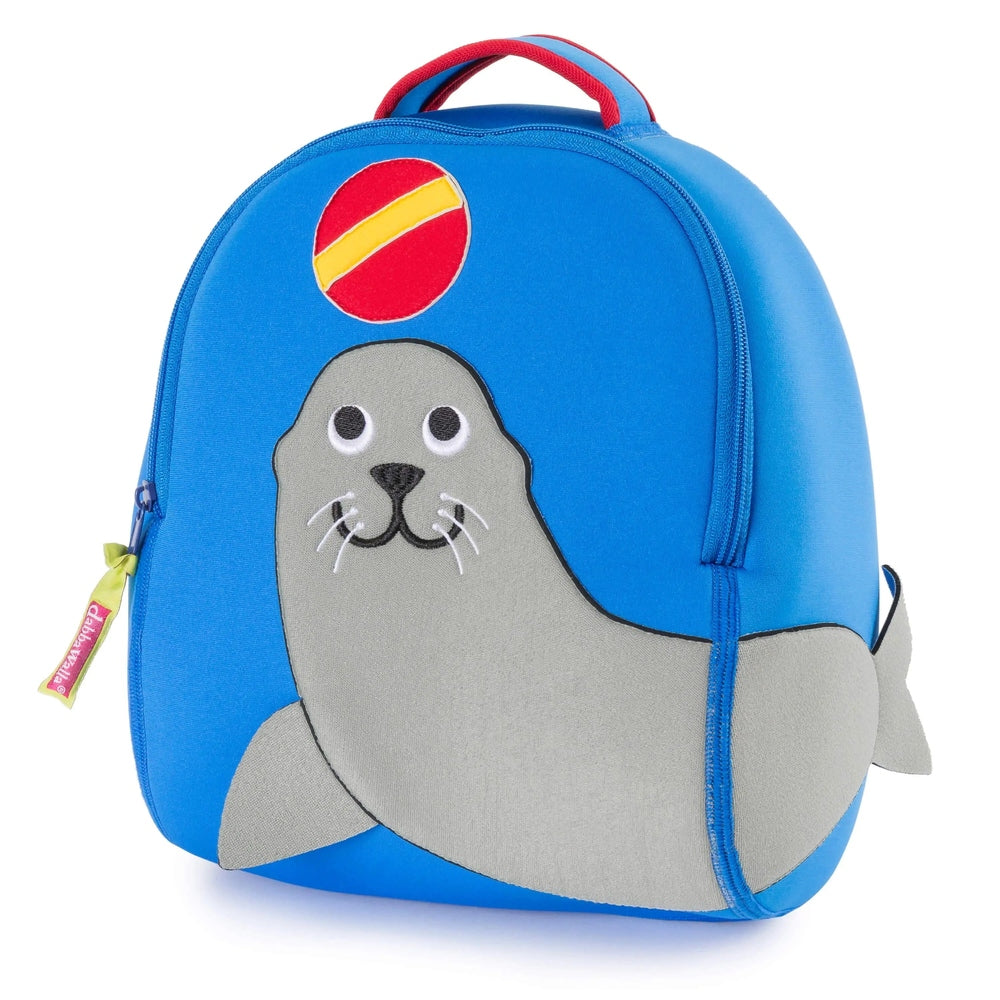 Dabbawalla Toddler Backpack blue with gray seal applique and red top handle, ball graphic.