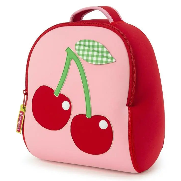 Dabbawalla Toddler Backpack in pink cherry print with red sides, top handle, and zip closure.