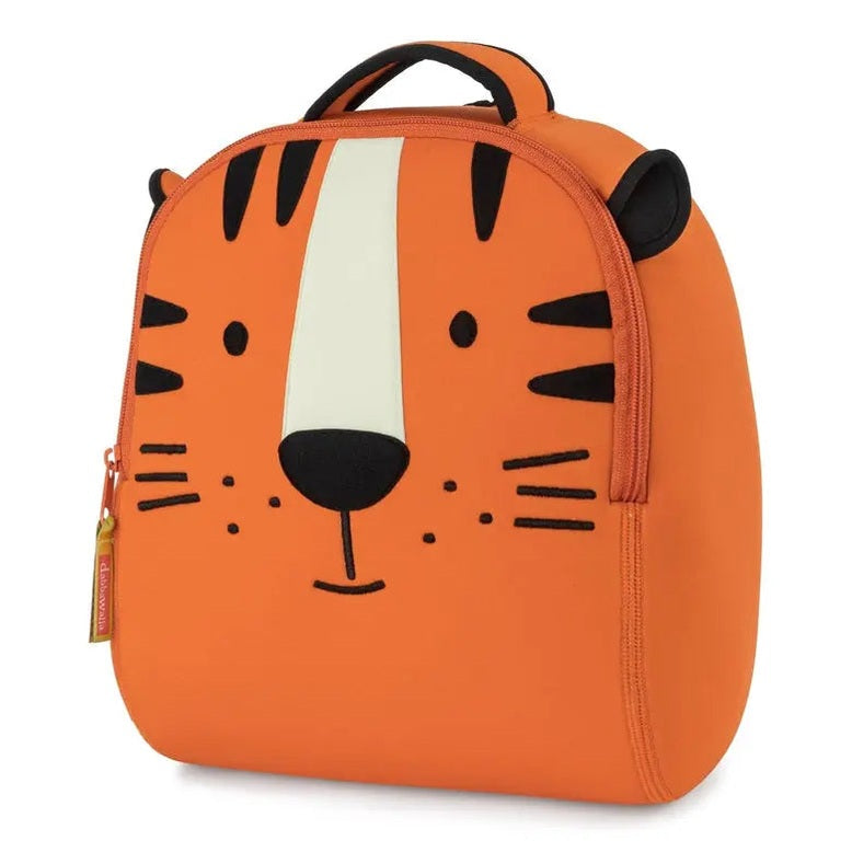 Dabbawalla Toddler Backpack orange tiger-face print; compact kid bag with top handle.