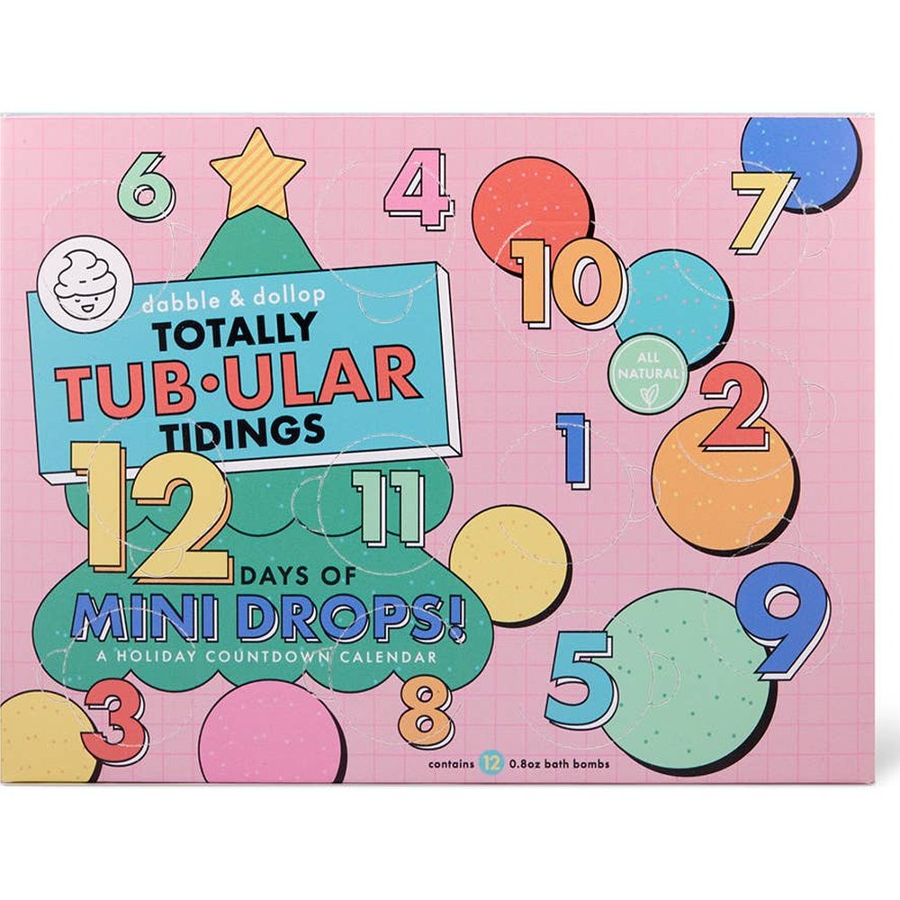 Dabble & Dollop 12 Days of Mini Drops Bath Bomb Countdown Calendar, pink festive box with colorful numbered bubbles.