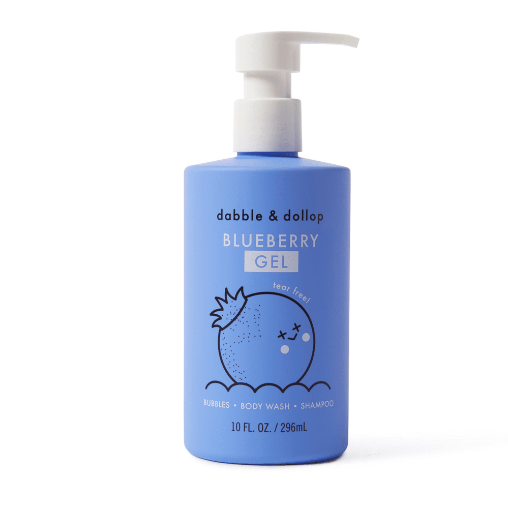 Dabble & Dollop All-Natural Shampoo, Body Wash & Bubbles Blueberry bottle with a white pump.