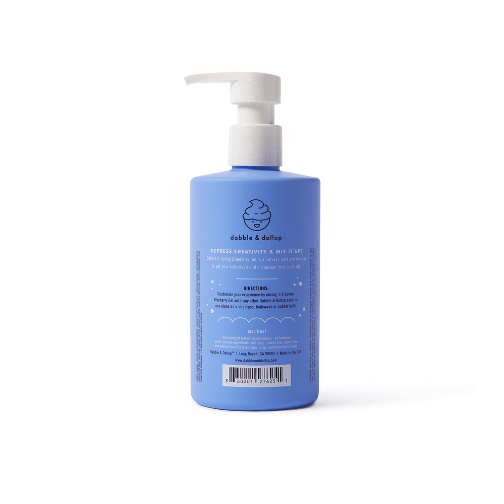 Dabble & Dollop All-Natural Shampoo, Body Wash & Bubbles Blueberry bottle with pump dispenser.