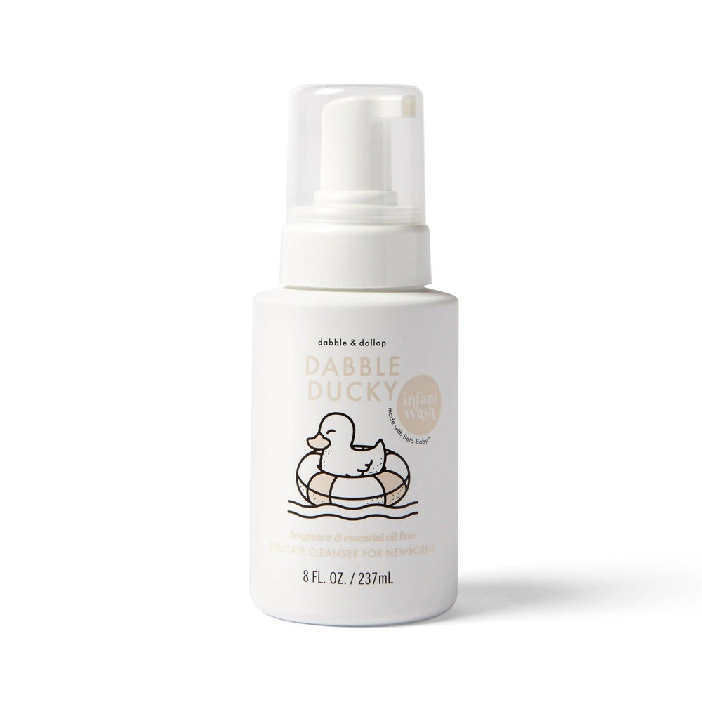 Dabble & Dollop All-Natural Infant Wash Fragrance Free bottle with pump top, featuring a duck graphic for gentle, fragrance-free cleansing.