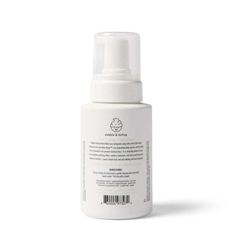 Dabble & Dollop All-Natural Infant Wash Fragrance Free bottle with spray cap, white plastic, EWG Certified.