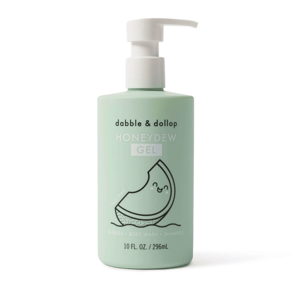 Dabble & Dollop Honeydew All-Natural Shampoo, Body Wash & Bubbles bottle in mint green with pump.