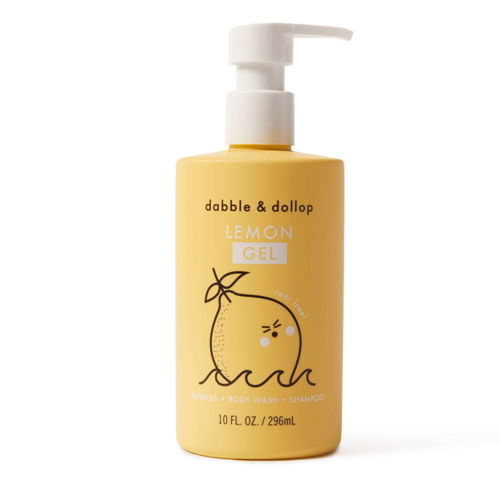 Dabble & Dollop All-Natural Lemon Gel bottle with pump, bright yellow lemon graphic, 296 mL.