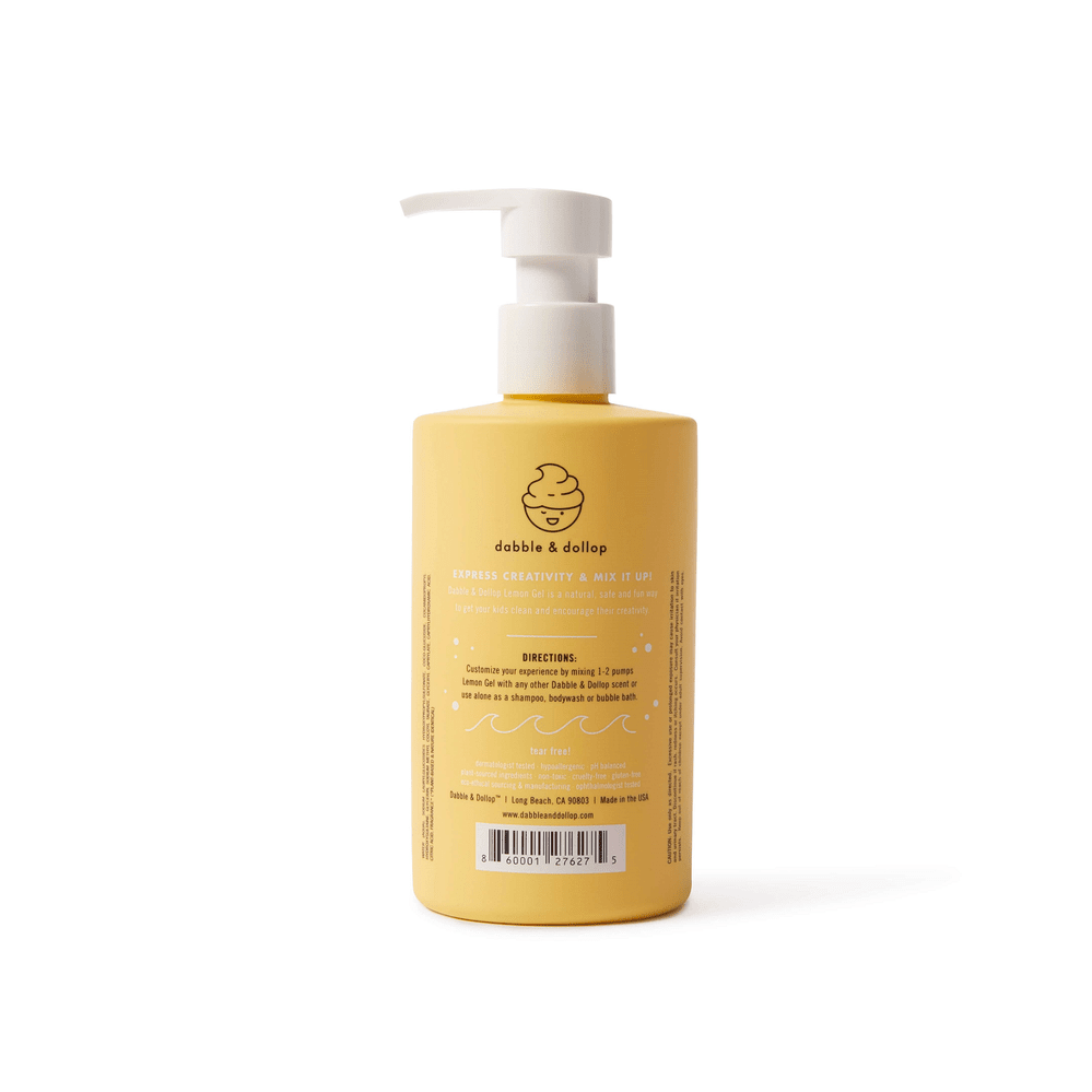 Dabble & Dollop All-Natural Lemon Shampoo, Body Wash & Bubbles bottle with white pump on yellow container.