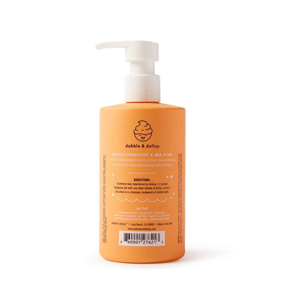Dabble & Dollop All-Natural Tangerine Shampoo bottle with white pump on orange label.
