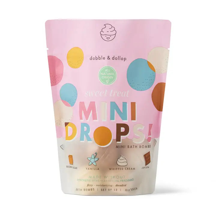Dabble & Dollop Mini Drops Bath Bombs in Pink Packaging with pastel multicolor circles