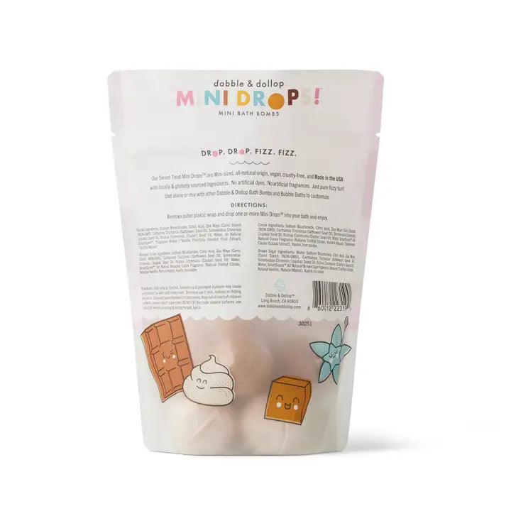 Dabble & Dollop Mini Drops Bath Bombs in White pouch with pastel candy illustrations.
