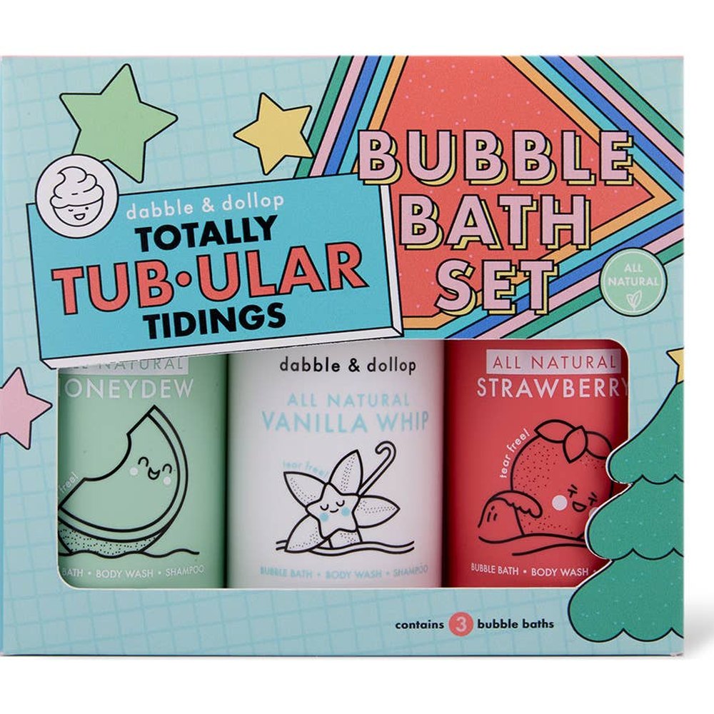 Dabble & Dollop Totally Tub-ular Holiday Bath Set: three pastel bubble baths in a gift box with cute cartoon designs.