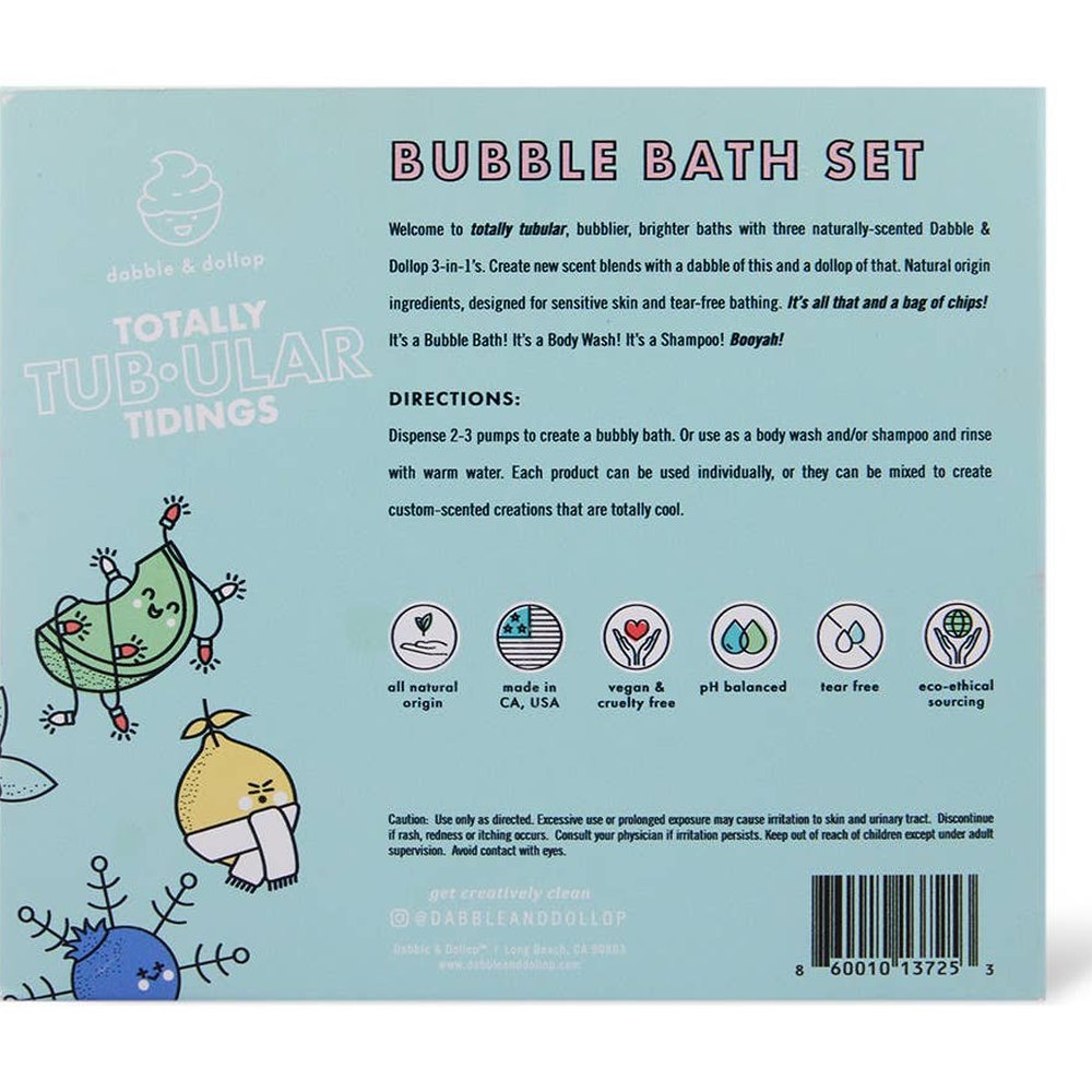 Dabble & Dollop Totally Tub-ular Holiday Bath Set box in pastel blue with bubble bath and natural-origin icons.