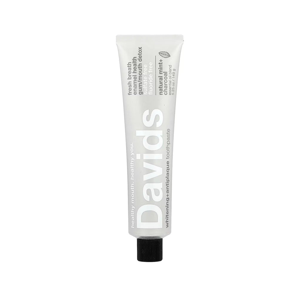 DAVIDS Toothpaste Fluoride Free Charcoal Peppermint tube with black cap, standing upright.