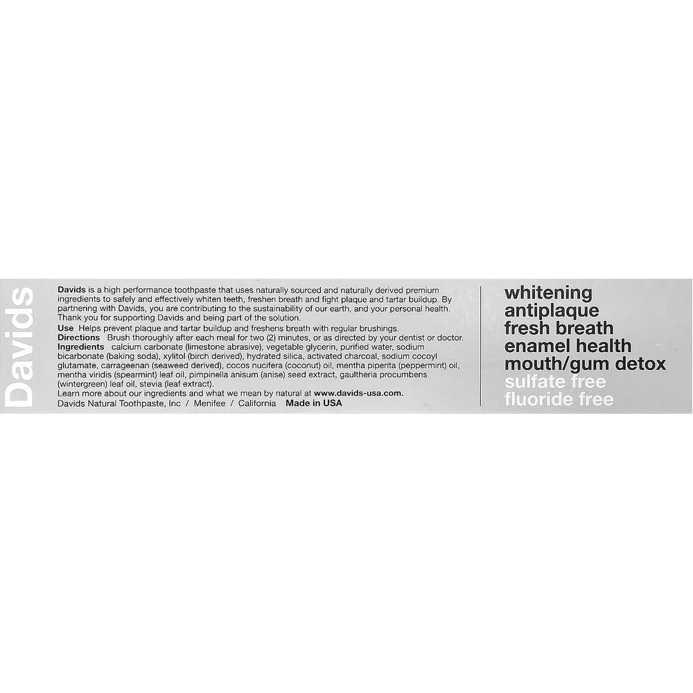 Davids Toothpaste Fluoride Free Charcoal Peppermint box, showing DAVIDS branding and fluoride-free whitening enamel health claims.