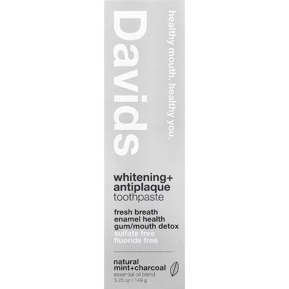 DAVIDS Toothpaste Fluoride Free Charcoal Peppermint in a tall box, natural mint and charcoal, 5.25 oz.