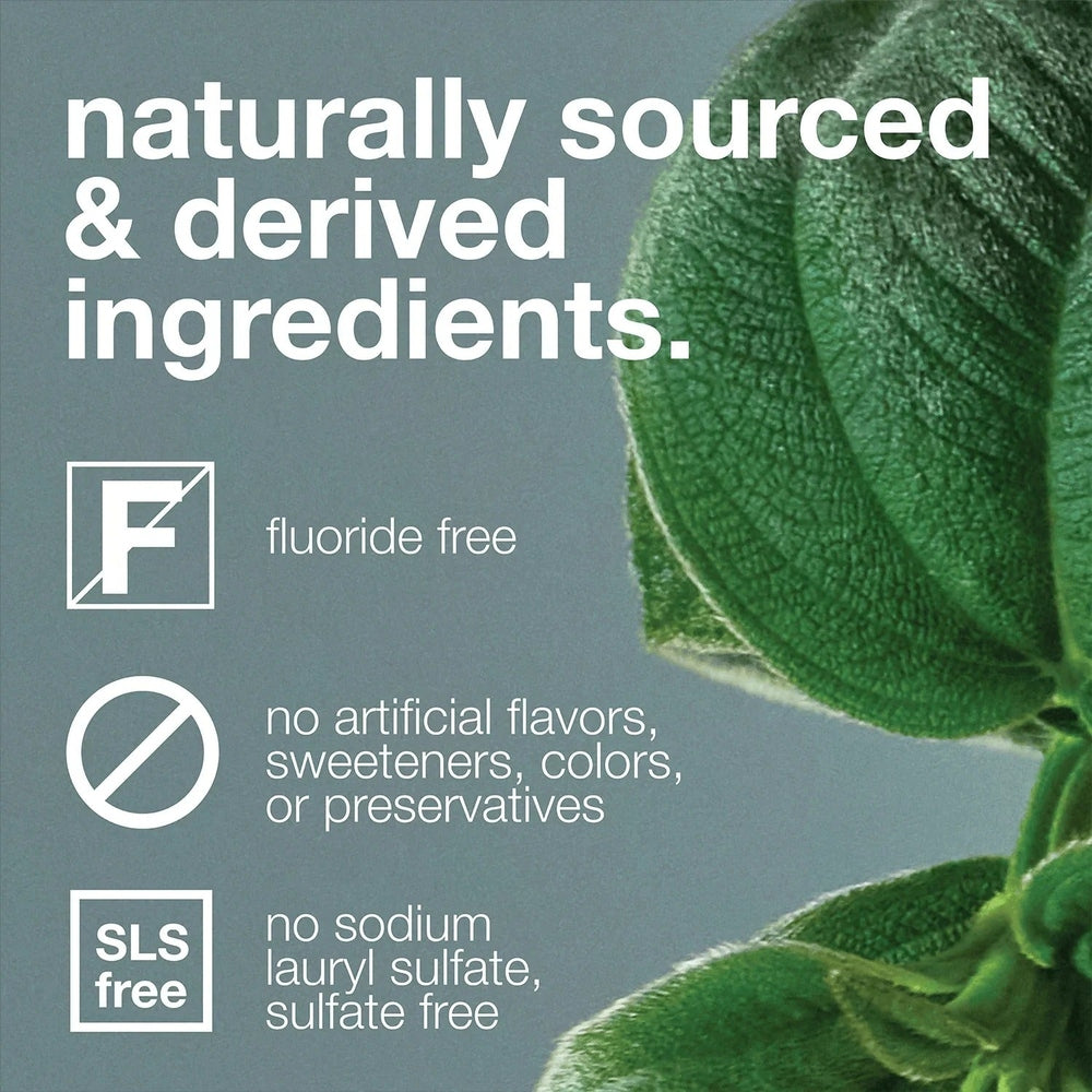 DAVIDS Toothpaste Fluoride Free Peppermint with naturally sourced ingredients, no fluoride, mint leaf background.
