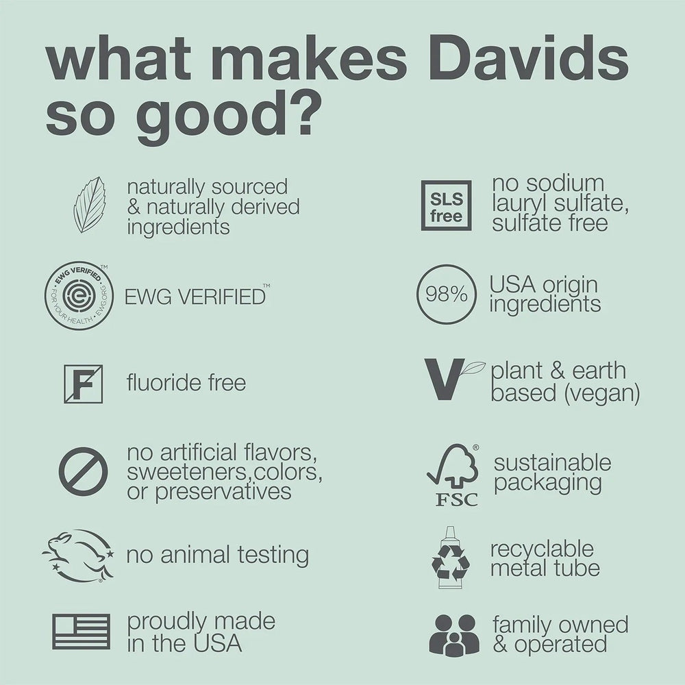 DAVIDS Toothpaste Fluoride Free Strawberry Watermelon shown in an infographic of plant-based, no-fluoride ingredients.
