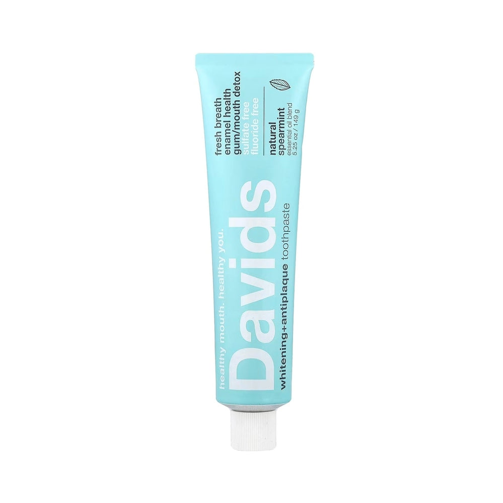 DAVIDS Toothpaste Fluoride Free Spearmint in a light blue tube with white cap, fluoride-free label visible