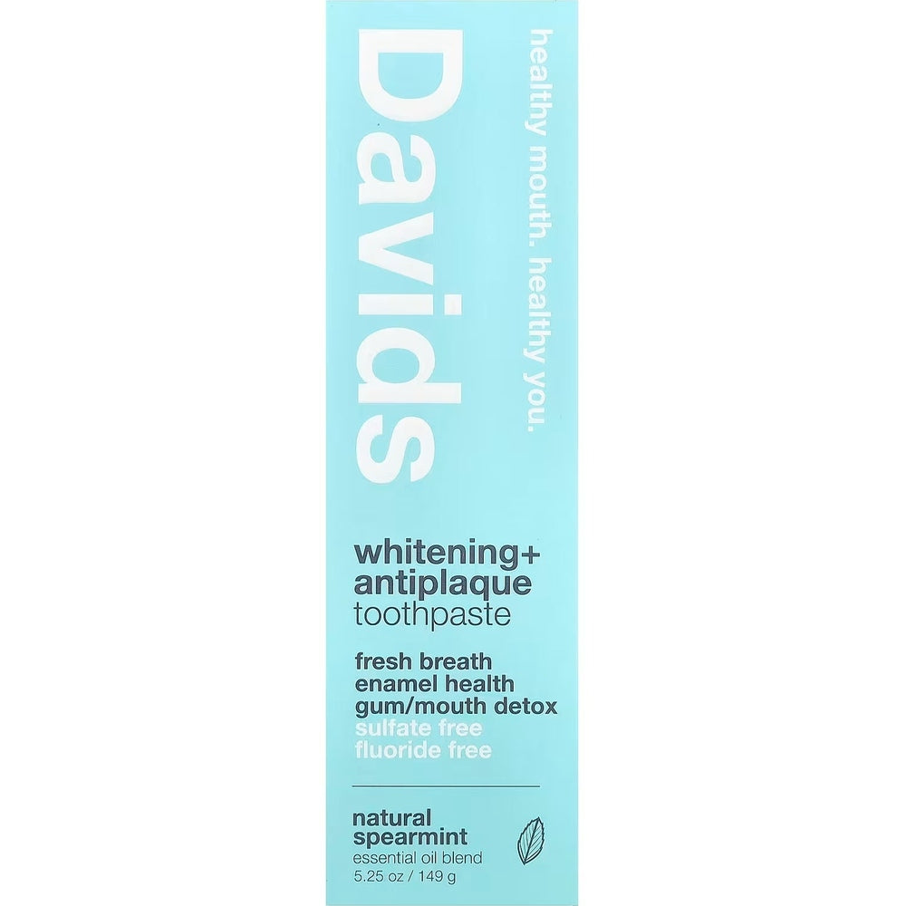 DAVIDS toothpaste whitening+antiplaque toothpaste in a turquoise box, fluoride-free spearmint with essential oil blend