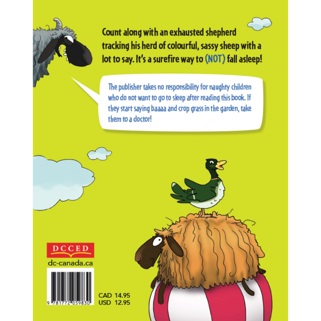 Counting Sheep - A hilarious way to (NOT) fall asleep - English back cover with publisher and book details